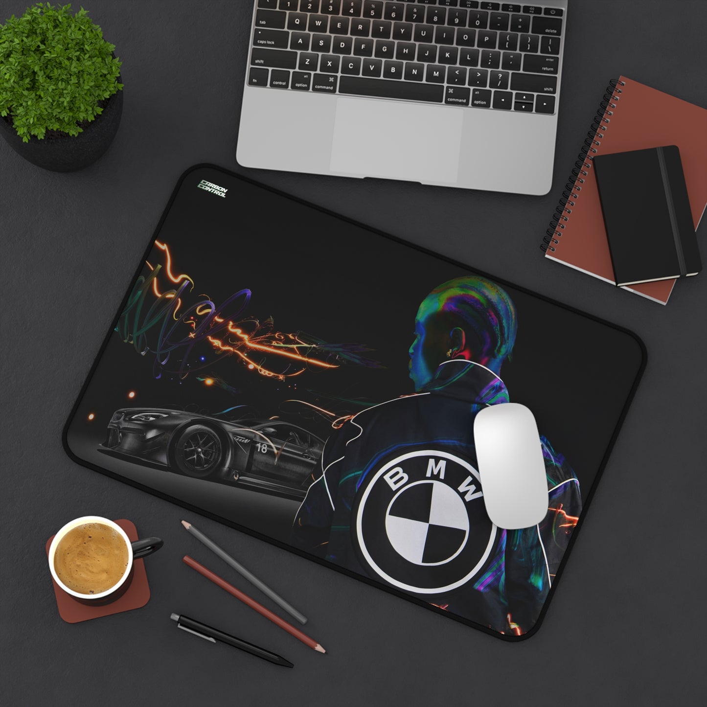 BMW Neon Racer Desk Mat — Gaming/Workstation Mouse Pad with Automotive Artwork